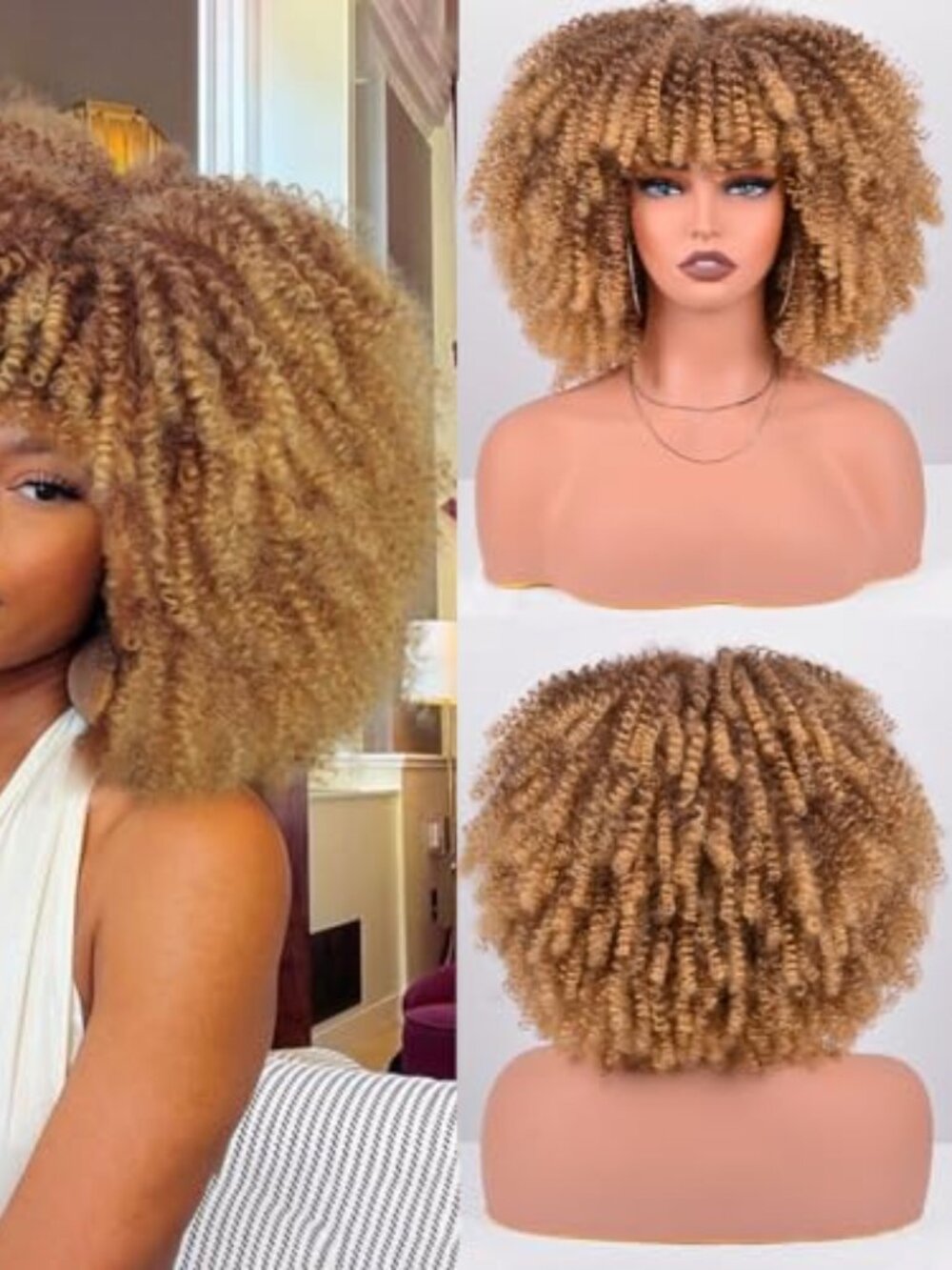 Afro Wig for Black Women 12 Inch Ombre Blonde Kinky Curly Synthetic Wig